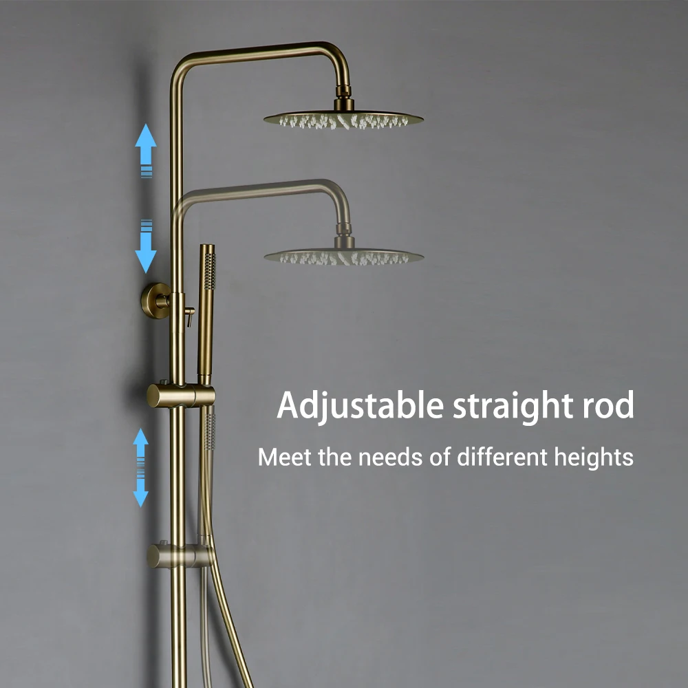 

Thermostaic Temperature Bathroom Faucet Brushed Gold Brass Wall-Mount Rain Shower Head Hand Sprayer Two-Function Hot Cold Mixing