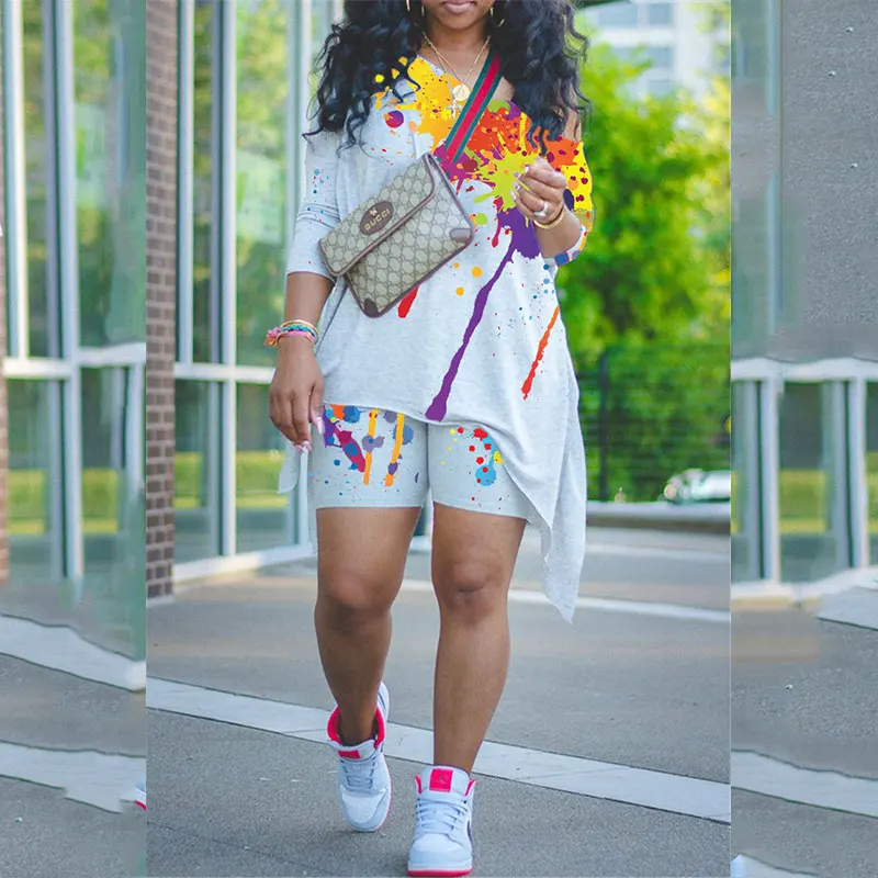 

Summer Women Casual Loose Oversize Splash Ink Print Colorblock Long Sleeve Top & Skinny Shorts Set With Plus Size
