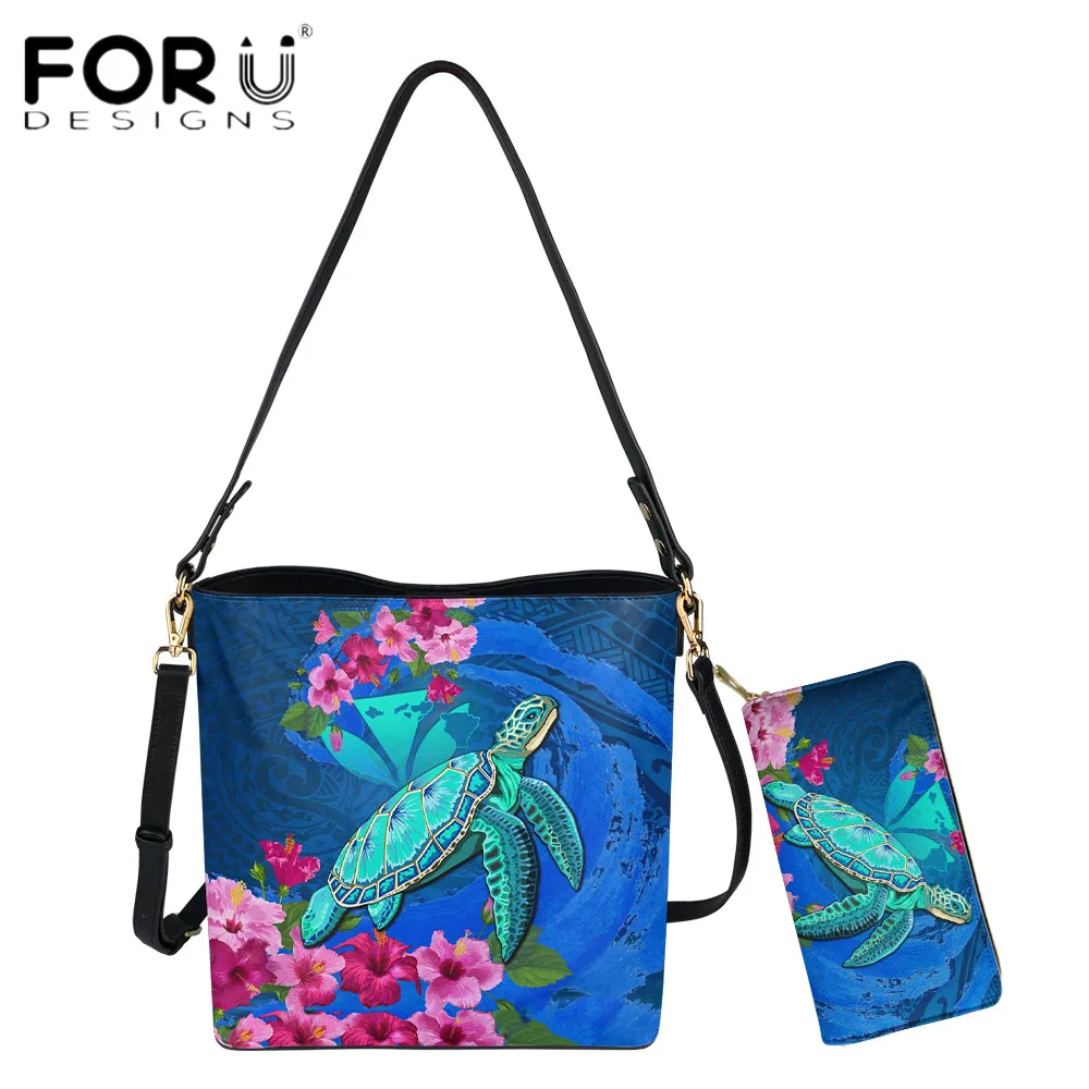 

FORUDESIGNS Luxury Designer Women Shoulder Bag And Purse Set Hawaiian Polynesian Turtle Hibiscus Printed Lady Crossbody Bolsa