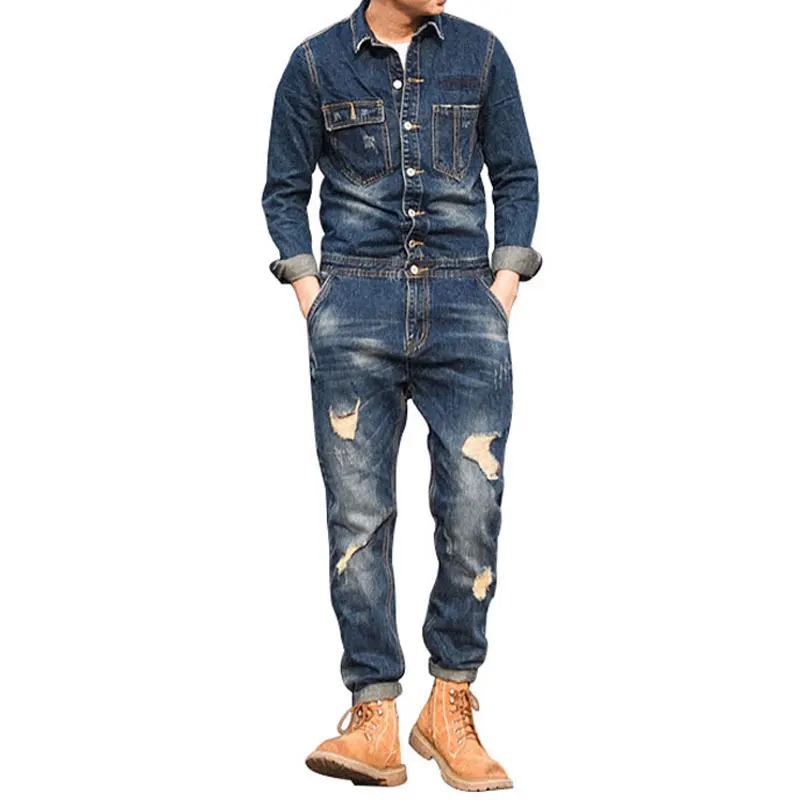 2021 Spring Jeans Overalls Men Denim Jumpsuits Lapel Long Sleeve Fashion Hole Ripped Cargo Pants Casual Fit Blue Cowboy Trousers