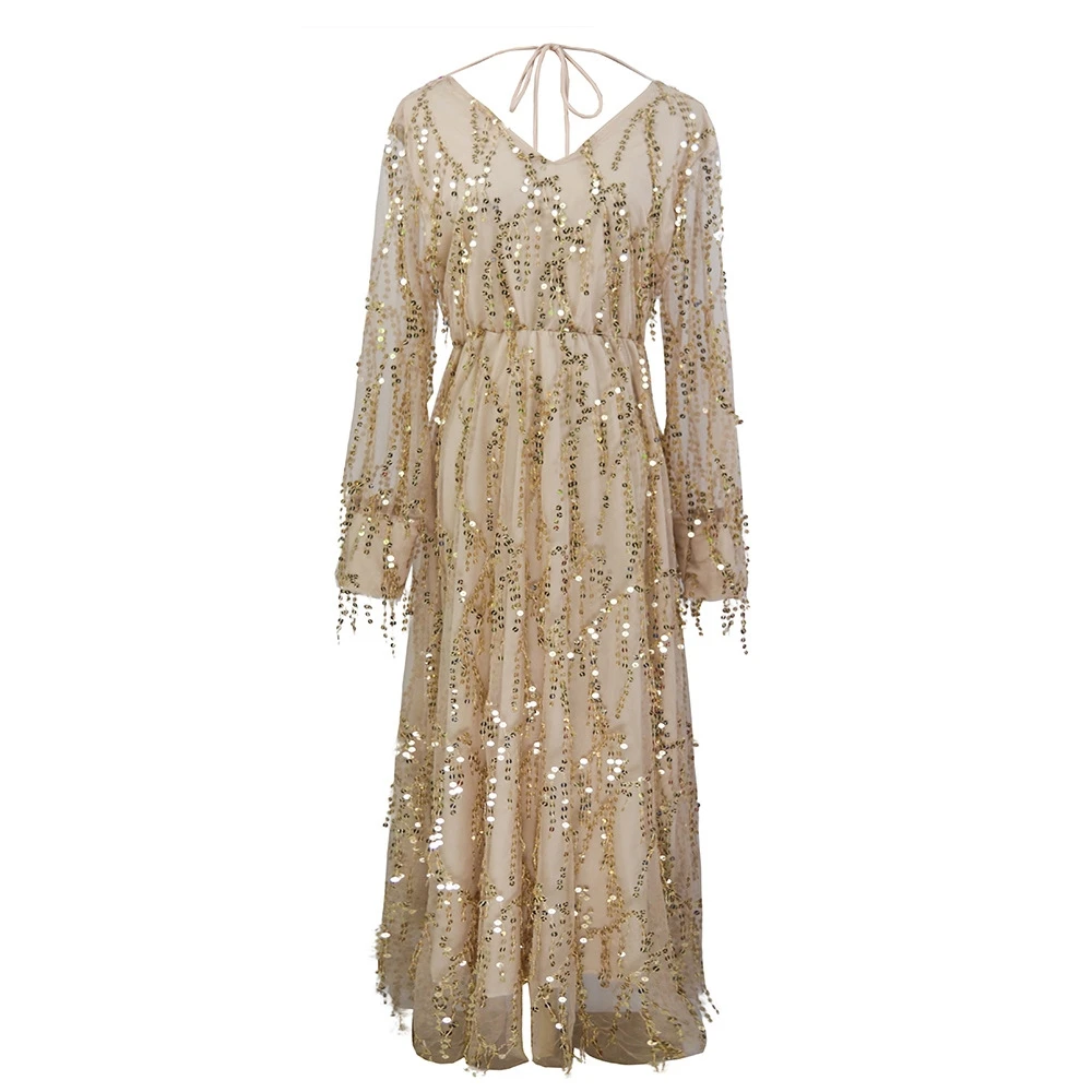 

Long Dresses For Women 2021 Spring New Glitter Tassel Full Sleeve Maxi Fairy Dress Apricot Color Elegant Elastic High Waist Robe