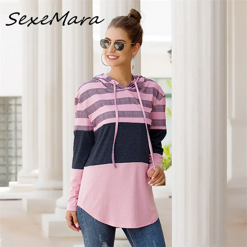 Повседневные полосатые Лоскутные рубашки с капюшоном для женщин осенние модные