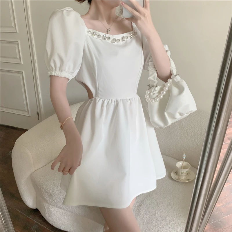 

Women Summer Short Sleeve Dress 2021 New French Sweet Square Neck Puff Sleeve FoldS Waist Hollow Sexy Elegant Short Dress