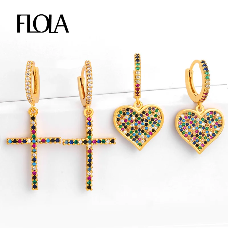 FLOLA Позолоченные кольца, радужные кресты, серьги для женщин, медные циркониевые серьги в форме сердца, хрустальные ювелирные изделия, серьги arcoiris ersr30