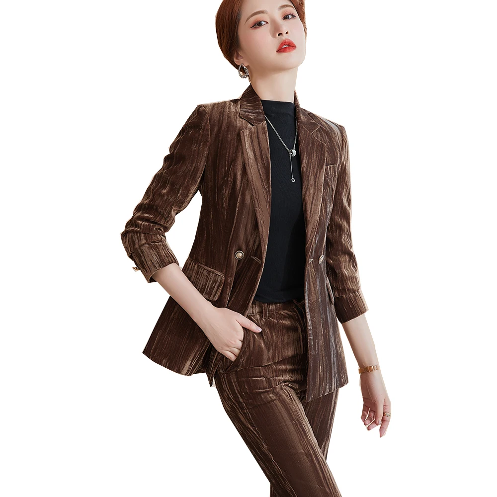 

Женский бархатный брючный костюм, винно-синий костюм цвета хаки из двух предметов, блейзер и брюки для офиса, для зимы