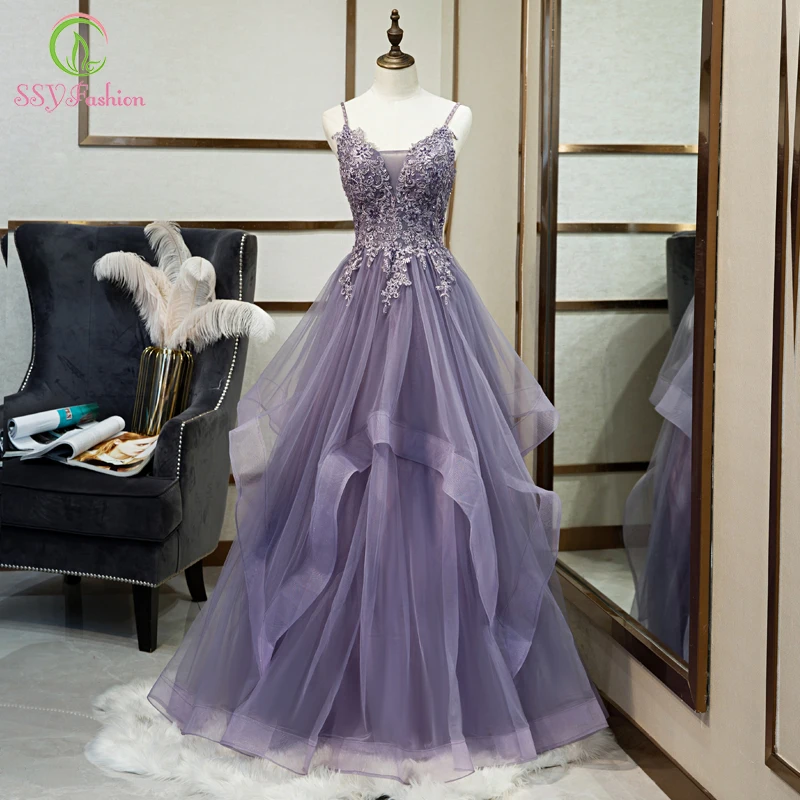 

SSYFashion New Purple Long Evening Dress V-neck Floor-length A-line Lace Appliques Sequins Beading Formal Gown Vestido De Noche