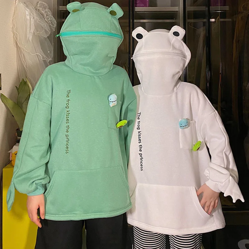 

Frog Hoodie Women Cute Funny Embroidery Letter Kawaii cotton thin sweatshirt Harajuku Streetwear Oversized white Hoodies clothes