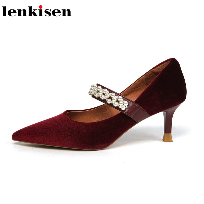 

Lenkisen cow leather pointed toe thin high heels pearl velvet party wedding beading shiny dating sexy slip on women pumps L29