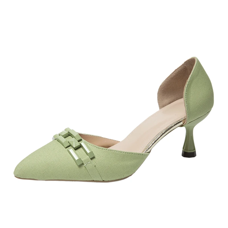 

Fashion Office Lady High Heels Pumps for Women 2021 Summer Autumn Newest Pointed Toe Woven Fabric Basic Shollow Shoes Green
