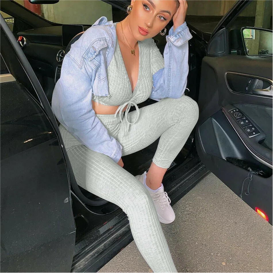 

Новинка, Осенний Женский комплект одежды, ТРИКОТАЖНЫЙ УКОРОЧЕННЫЙ ТОП, одежда для отдыха + длинные штаны, женский тренировочный костюм из 2 п...