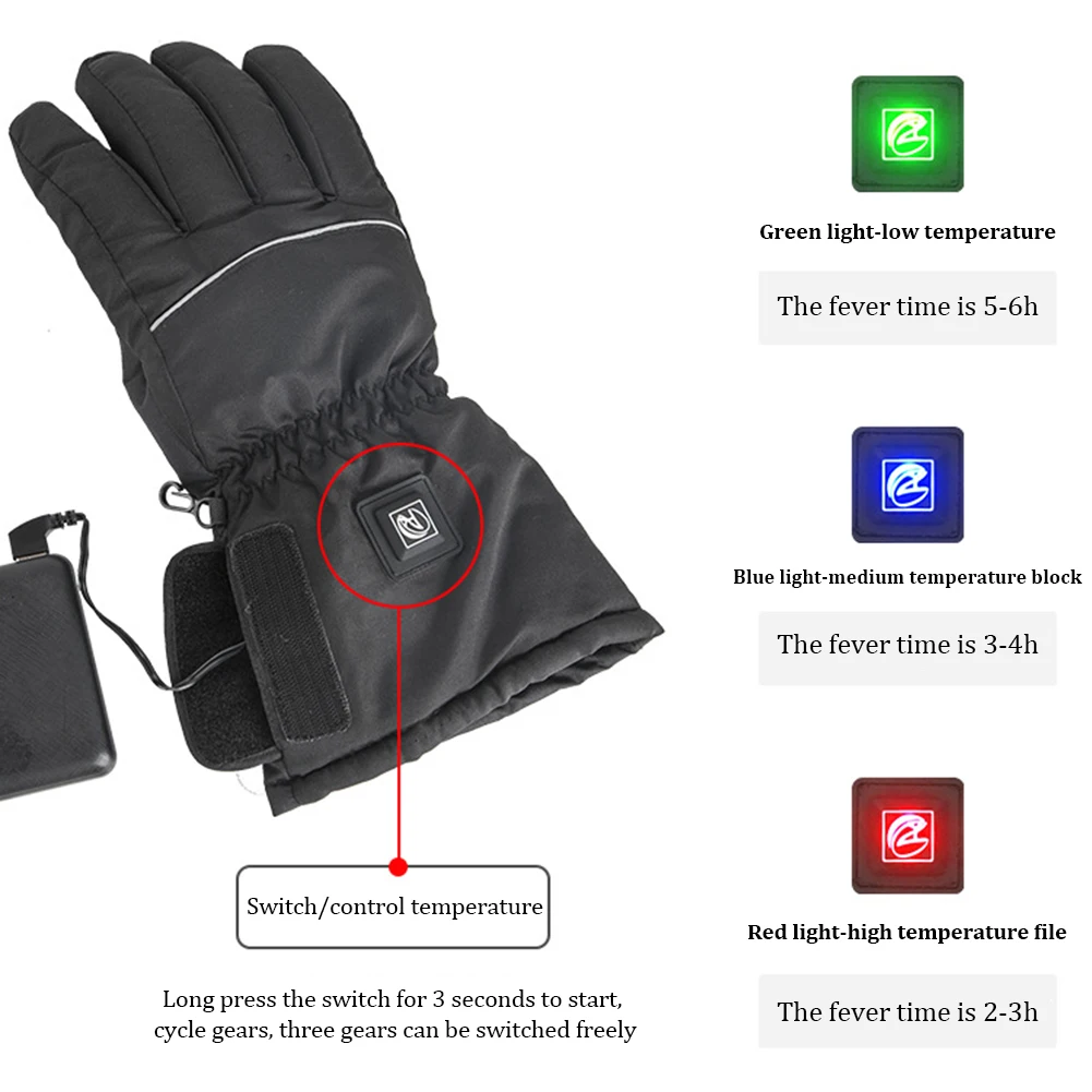

Winter Heated Riding Gloves USB Rechargeable Heating Gloves For Ski Motorcycle With 6000mAh Power Bank