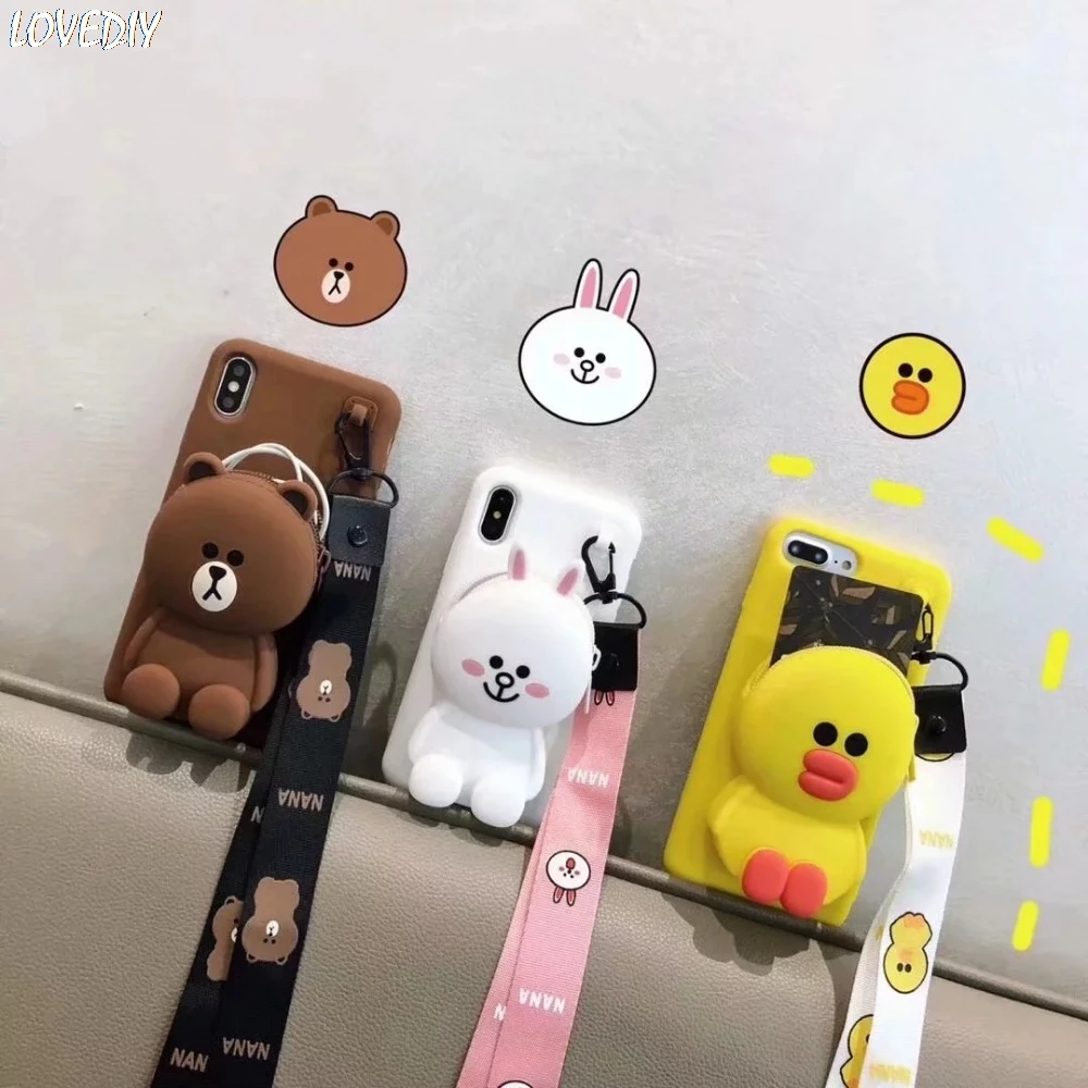 3D Bear Wallet Soft Silicone Case For iPhone X XR XS Max 8 7 6 6S Plus Samsung Galaxy S8 S9 S10 Note 9 Cover With lanyard |