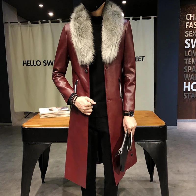 

New Casual Winter Trend Fashion Versatile Trim Temperament In The Long Hair Collar Lapel Men's Leather Jacket Hombre