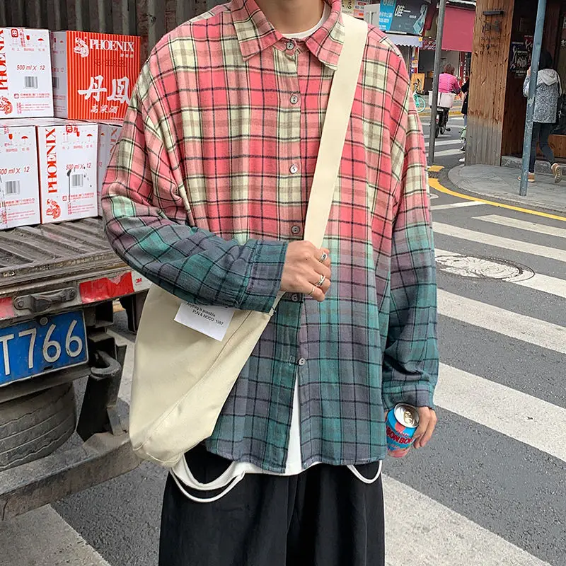 

Spring Cotton Plaid Shirt Men's Fashion Retro Gradient Casual Shirt Men Streetwear Korean Loose Long-sleeved Shirts Mens M-XL