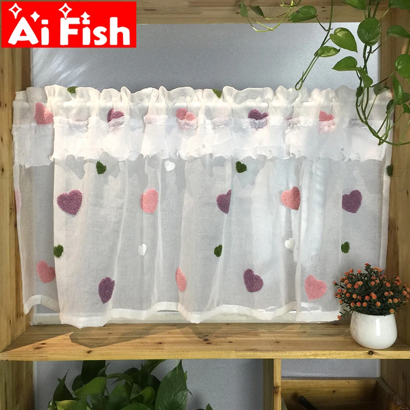 Короткая занавеска с розовым сердцем и белым жемчужным Кружевом тюль для девочек