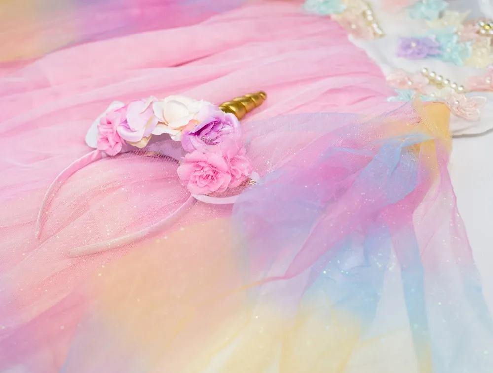 Clear Sales Unicorn Girls Dress Rainbow Embroidery Flowers Toddler Sundress Princess Kids girls Party Summer Wedding dress 1-10Y | Детская