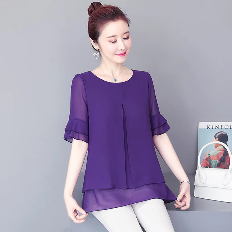 

Модная шифоновая блузка 2021, рубашка и топы для женщин, однотонная элегантная Свободная блузка с коротким рукавом и круглым вырезом, женская ...