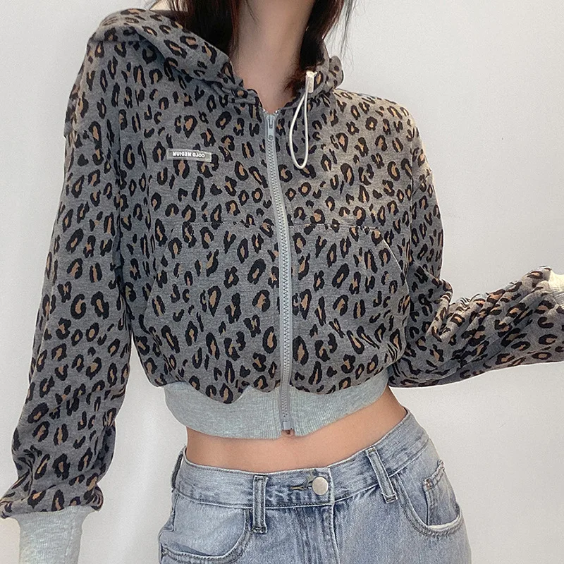 

Short Coats Spring Fashion Women New Long Sleeve Hooded Cardigan Leopard Draw Back Thin Navel All-match coat