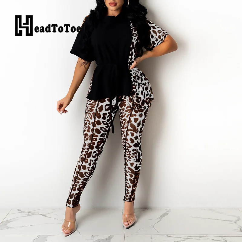 

Леопардовый принт пэтчворк; Модная пикантная обувь из двух частей комплект для женщин футболки с короткими рукавами и круглым вырезом Тонк...