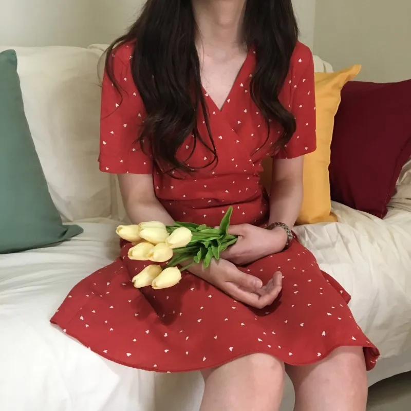 Женское платье в горошек красное Повседневное до колен с коротким рукавом и