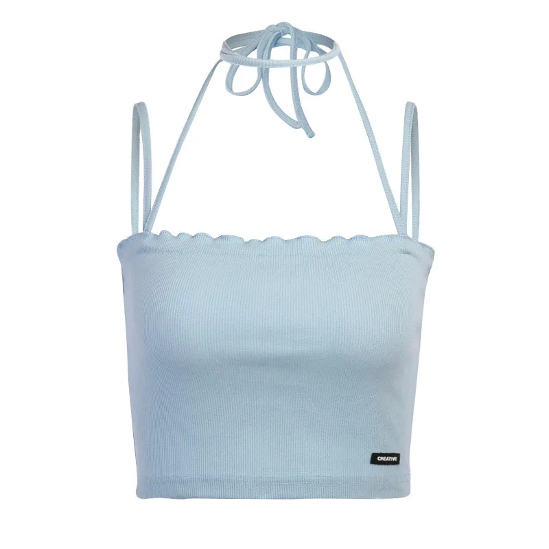 

2021 Spring/summer European and American Sexy Small Sling Women's Solid Color Slim-fit Halter Ruffled Vest Tops