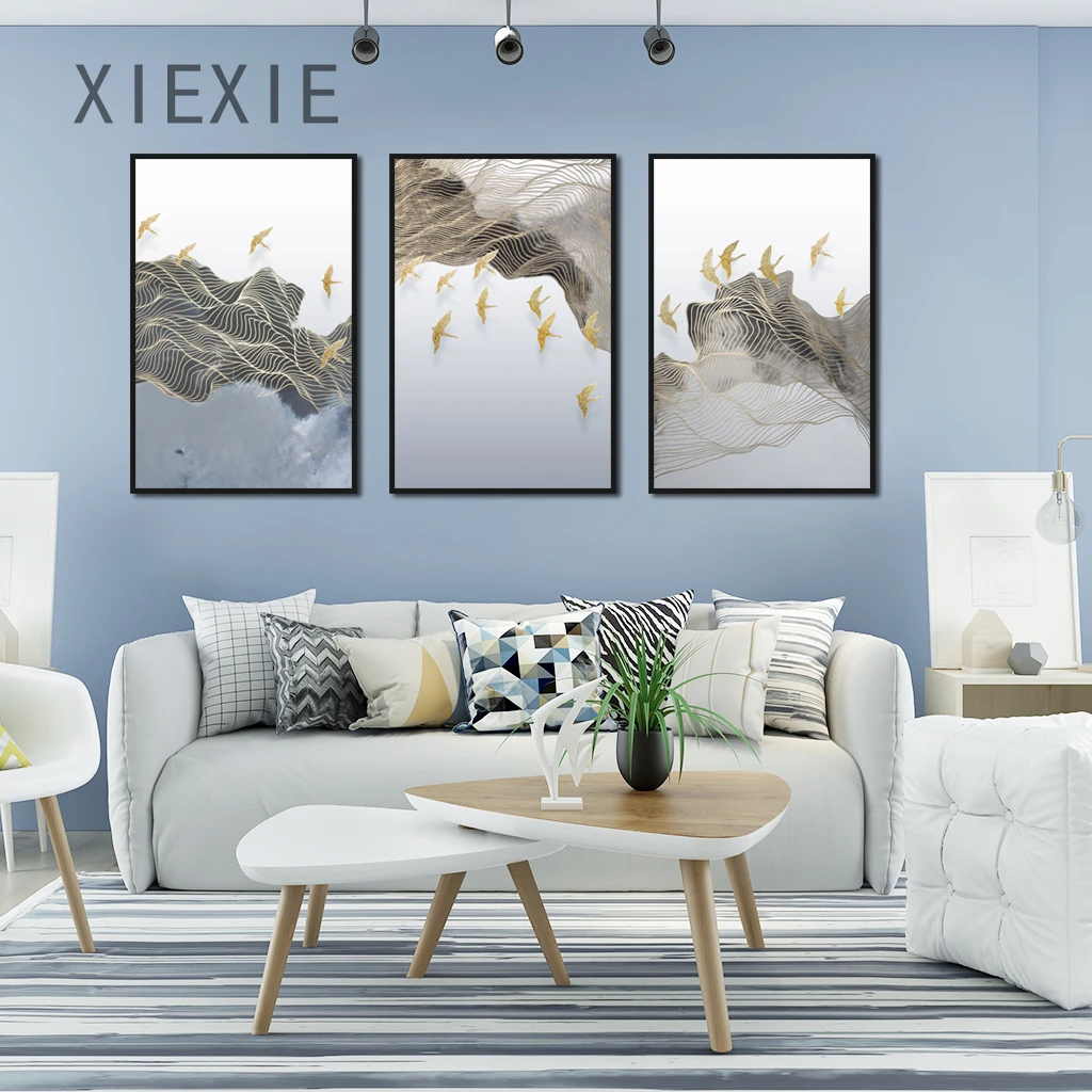

Chinese Style Mountain Landscape Abstract Line Canvas Painting Flying Bird Golden Silhouette Home Office Hotel Decoration