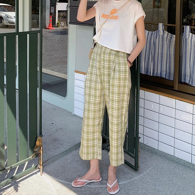 

Unbreakable 2020 Summer Europe And The United States New Fashion Haren Trousers For Women Loose Versatile Plaid Casual Pants