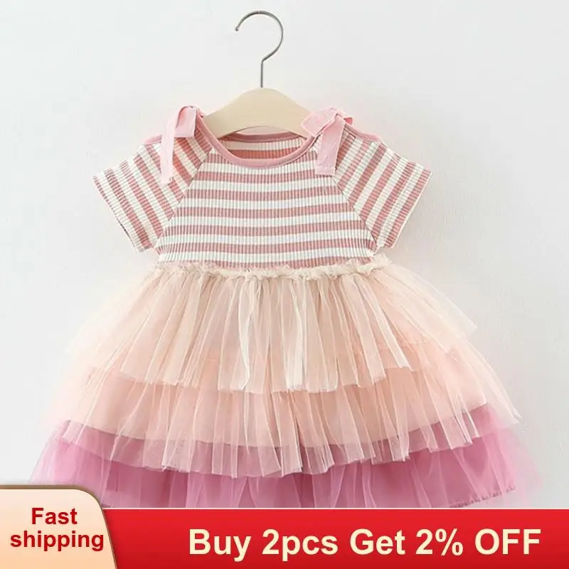 Платья для девочек летние платья в полоску с бантом на рукавах одежда малышей