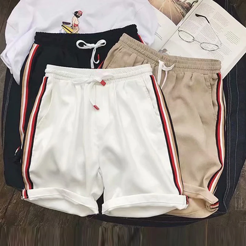 

New Shorts Men Cotton Striped Running Sports Shorts for Men 2021 Summer Casual Elastic Waist Solid Shorts Pockets Beach Shorts