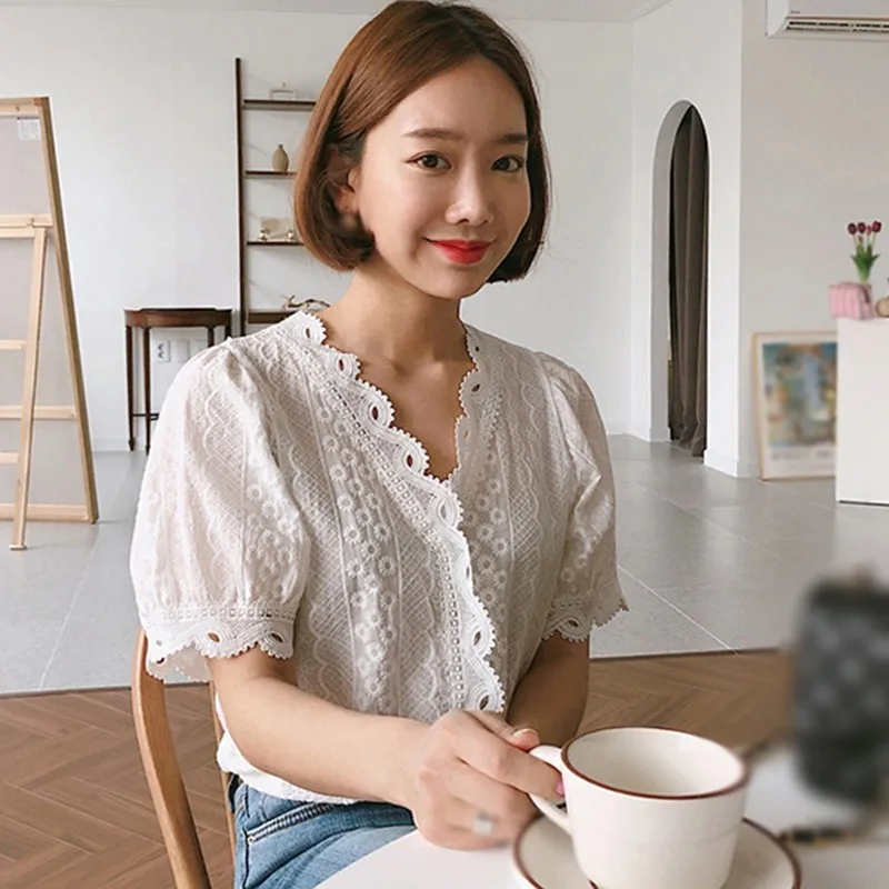 Office Ladies Lace Border Shirt Fashion Women Hollow Out White Blouse Simple Casual V-Neck Short Sleeve Blouses and Tops 5