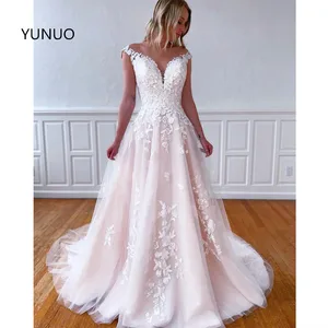 YUNUO Cap Sleeve Lace Princess Wedding Dresses robe de mariage Appliques A Line свадебное платье Bridal Gowns Covered Button