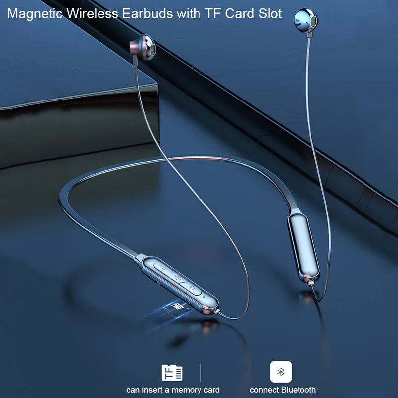 

Bluetooth 5.0 Wireless Headset Hang Neck Sport Mini Earbuds with TF Card Slot HIFI Dual-ear Stereo