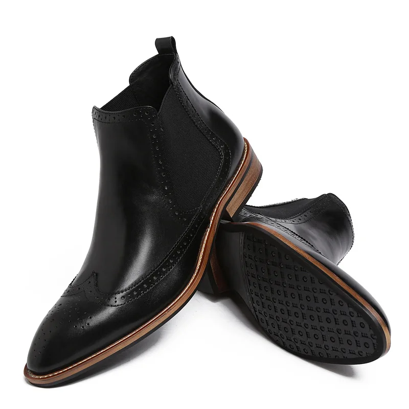 Knight Winter Mens Retro Pointed Toe Slip On Brogue Chelsea Boots Real Leather Business Man Casual Shoes Fashion Footwear | Обувь