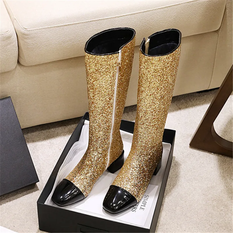 Блестящие высокие сапоги выше колена женская обувь зимние на высоком каблуке