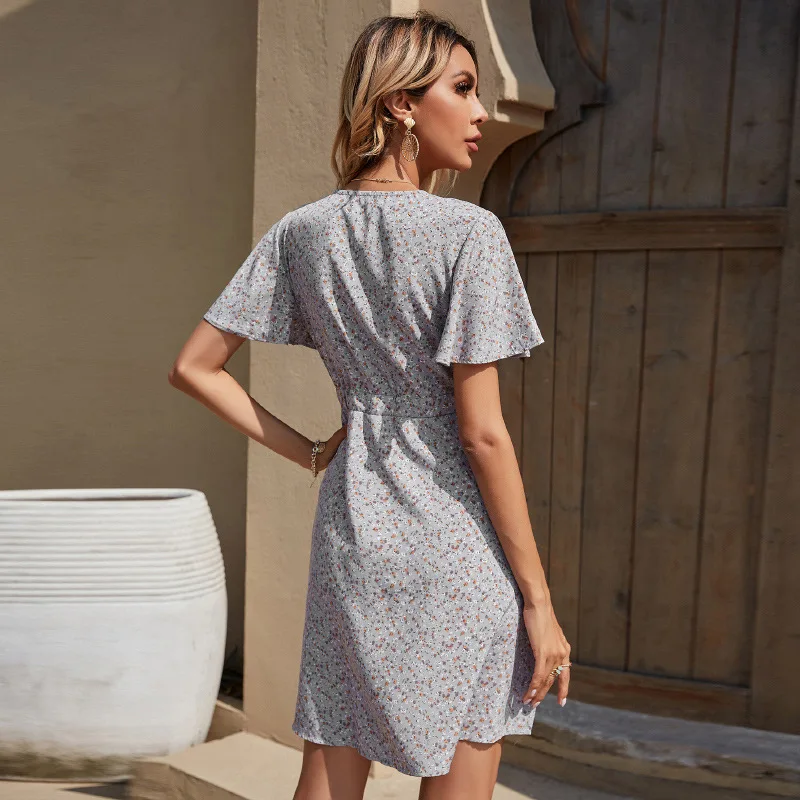 

2021 New Fashhion Floral V-neck Sexy Fashion High Waist Button Chiffon Ladies Dress Women's Summer Dress Sumer Dress Woman