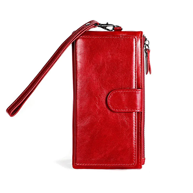 

High Quality Women Wallets Oil Wax Cow Leather Long Lady Phone Bag Zipper Clutch Purse Large Capacity Card Holder Wallet