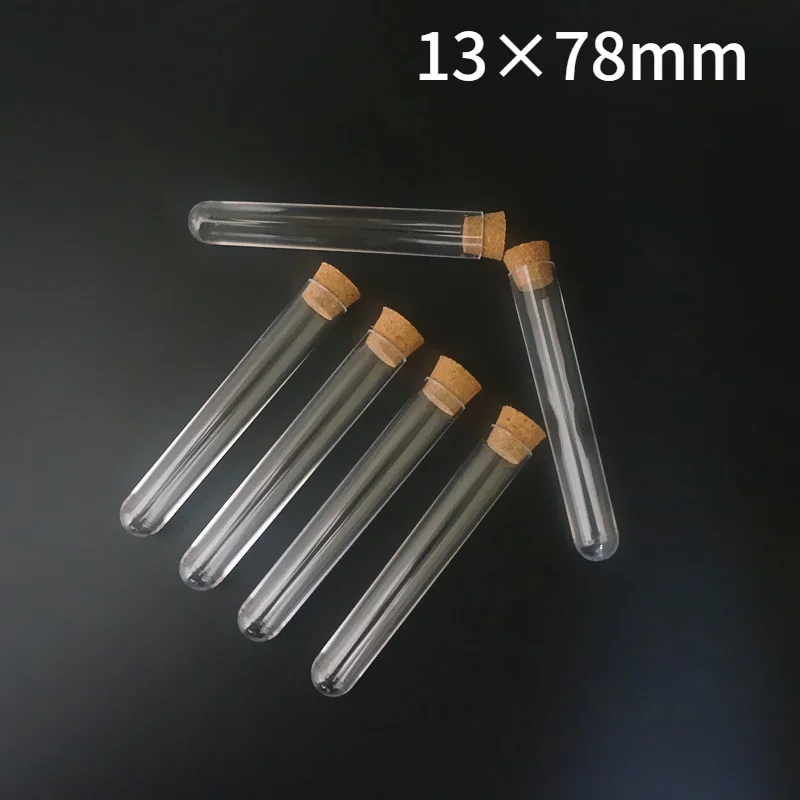 

(100 pieces/pack) 13x78mm Clear Plastic test tubes with Cork cap Use for Laboratory or Stoppers Empty Scented tea Tubes