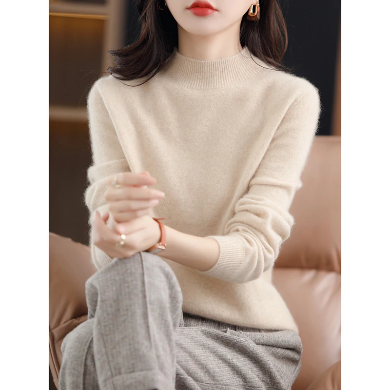 

Женский Однотонный свитер-водолазка из 100% шерсти/кашемира, Свободный Топ с длинным рукавом, модный вязаный пуловер в Корейском стиле