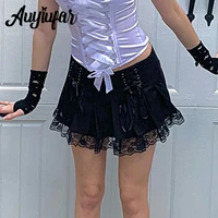 auyiufar lace trim grunge fairycore pleated micro skirt lace up aesthetic gothic low rise y2k skirts sexy women black clothing