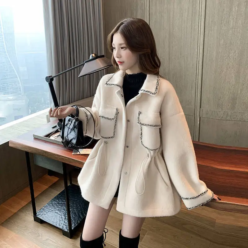 

Женское зимнее пальто, Осень-зима 2021, новое свободное универсальное шерстяное пальто, женское простое пальто, однотонное пальто с лацканами