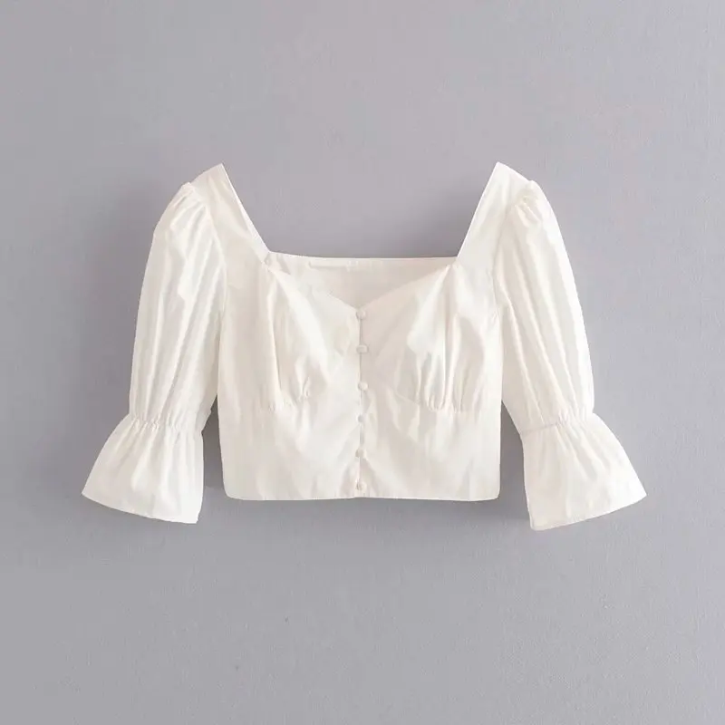 Женская винтажная блузка с коротким рукавом и буффами в стиле ретро | одежда