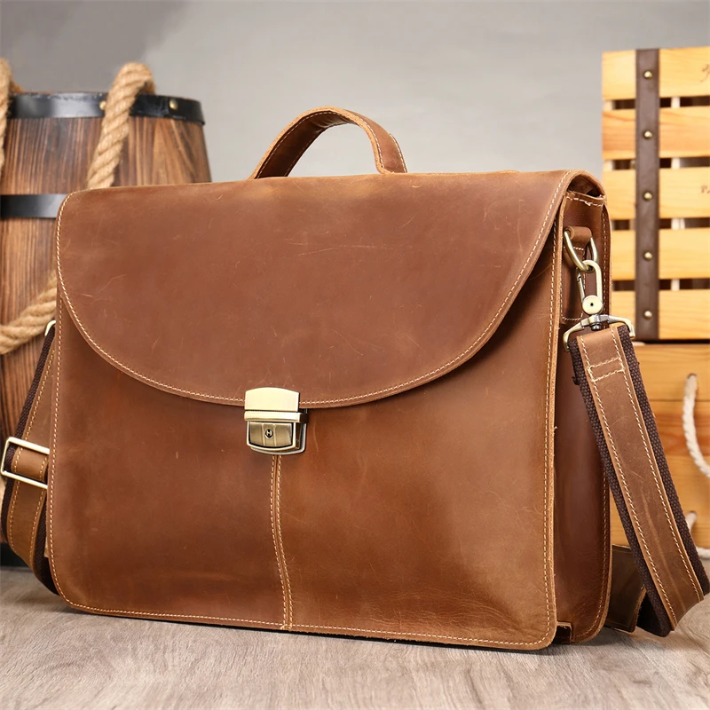 Newsbirds Leather Briefcase 15.6 Inch Laptop Bag For Men Male Business Bags Computer Bag Vintage Crazy Horse Leather Man Bags