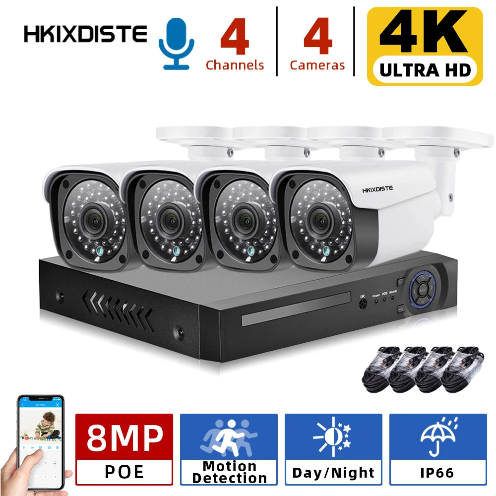 

H.265 4CH 4K POE NVR Kit Security Face Detection CCTV System Audio Record AI 8MP IP Camera Outdoor P2P Video Surveillance Set