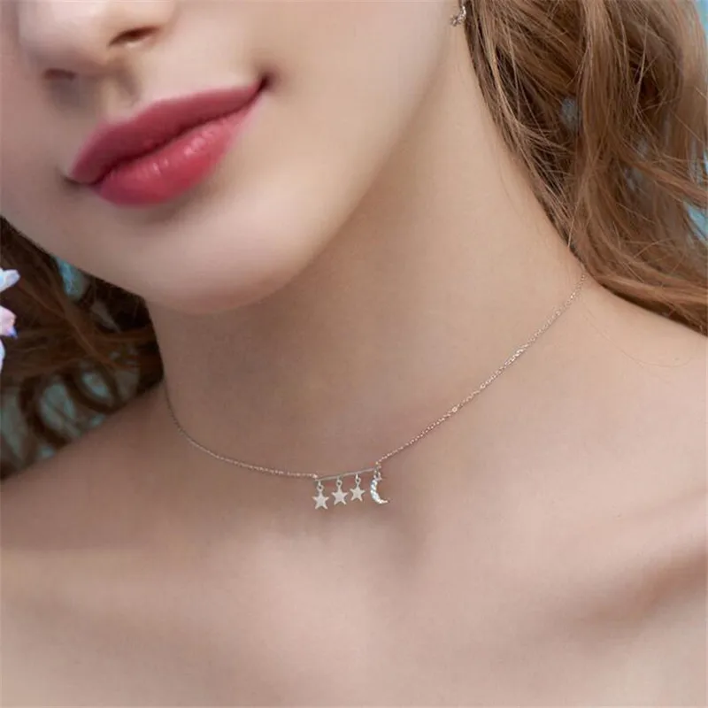 

2022 Trend New Stars Tassel Moon Zircon Luxury Silver Color Clavicle Neck Chain Necklace For Female Bijoux Woman Fashion Jewelry