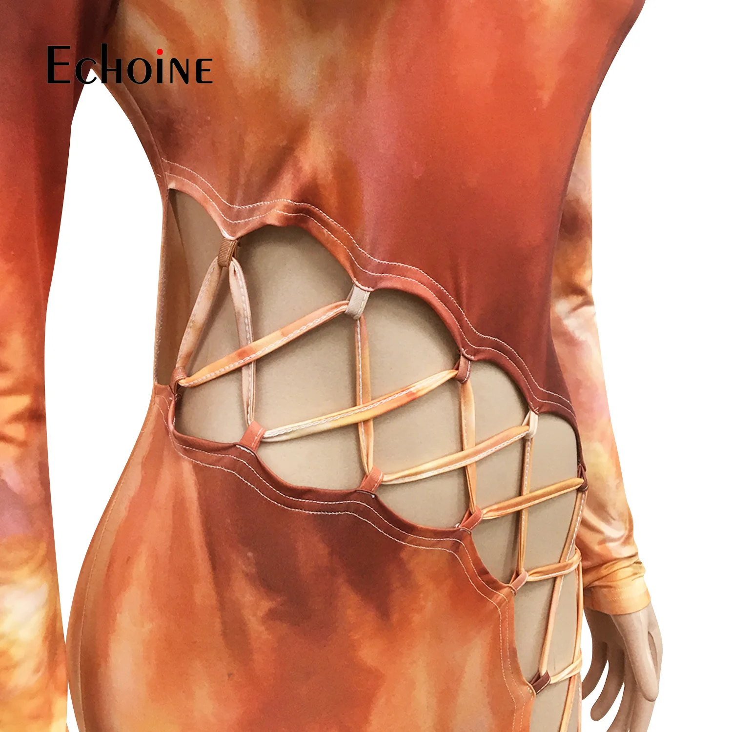 

Echoine Autumn Women Tie Dye Lace Up Hollow Out Bodycon Long Sleeve Jumpsuit Sexy Club Night Party Rompe One Piece Overall