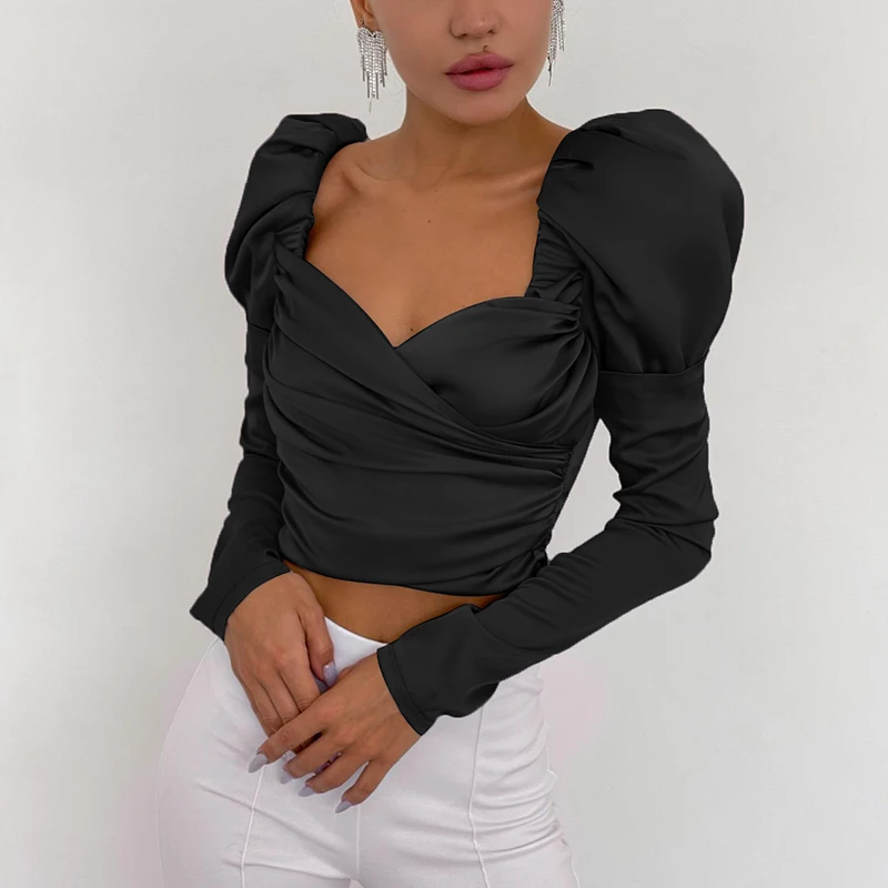 

Silk Square Collar Cropped Top Women Sexy Long Padded Sleeve Ruched T-Shirt Woman Skinny Autumn 2021 Korean Chic Teens