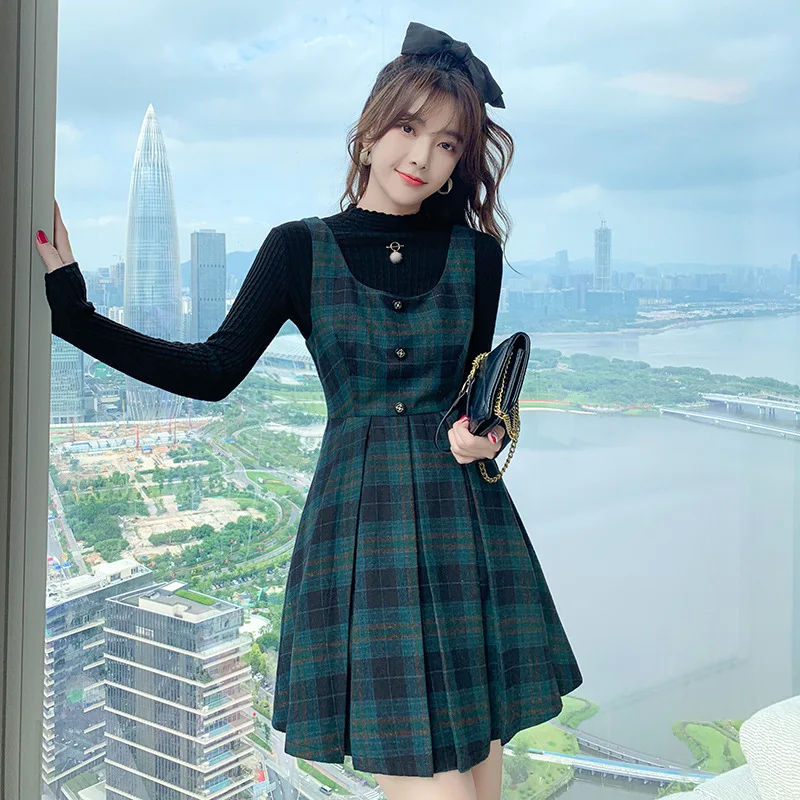 

Retro Temperament Dress 2021 Fall/winter Women's New Style Fashion Slim Checkered Slim Dress Age-reducing Suspender Skirt