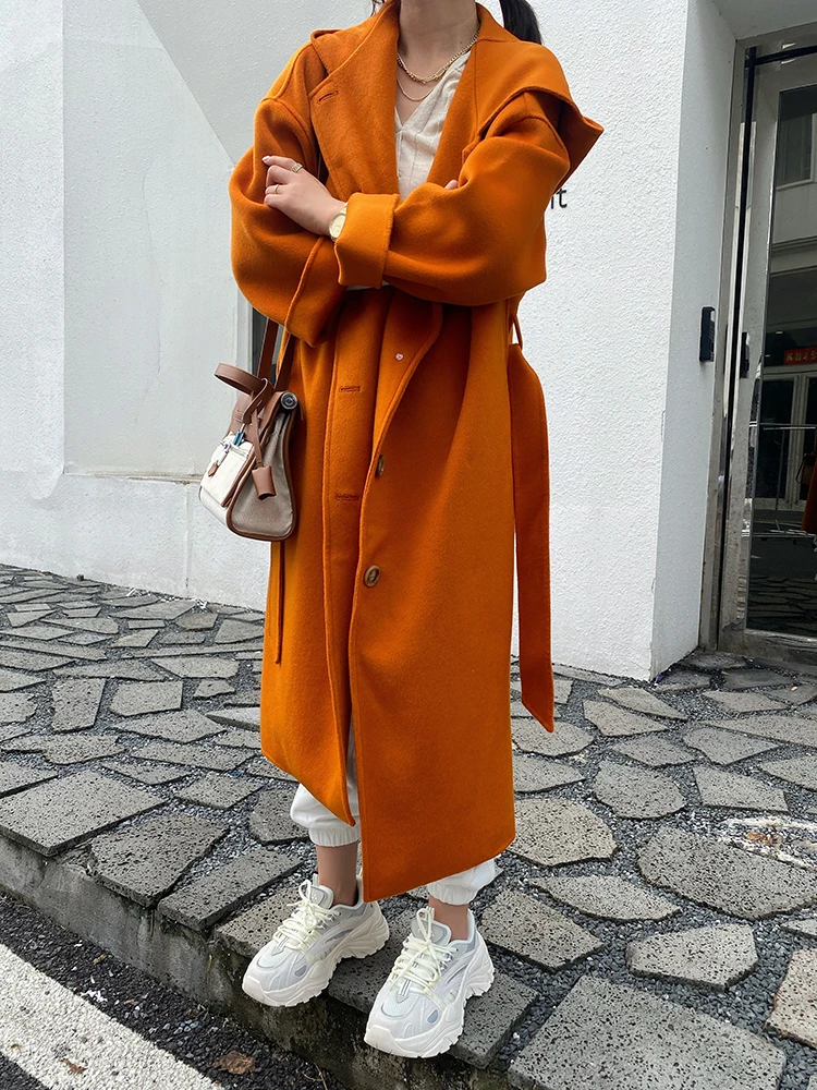 

Очень благородное двубортное шерстяное пальто с капюшоном, свободная куртка на шнуровке, женский модный кашемировый шерстяной топ