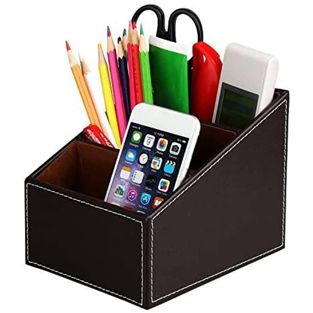 

PU Leather Storage Caddy Box Desk Tidy Organiser Desktop Supply Organizer Multifunction 3 Compartments Pen Pencil Pot Brown