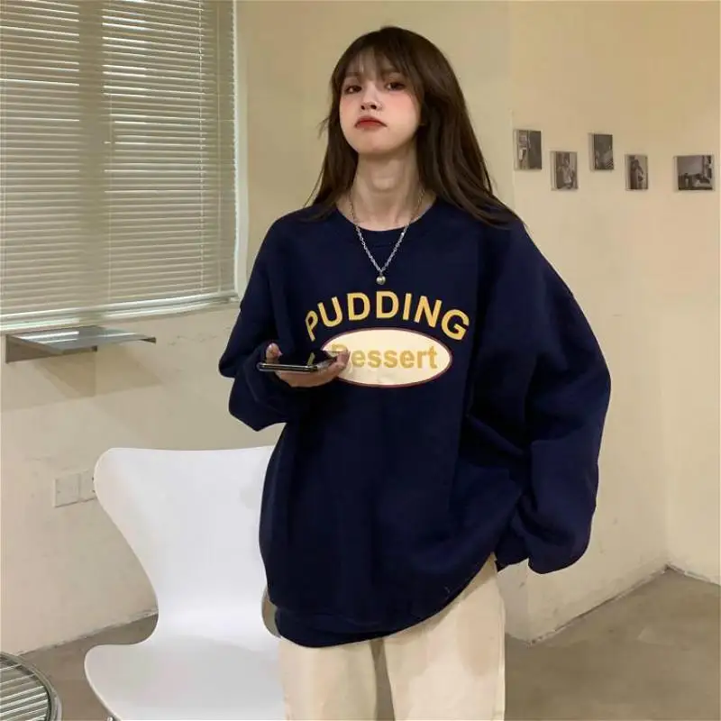 

Fashion Women Loose Korean Round Neck Long-Sleeved Thin Section All-Match Printing Fashion Sports Spring and Autumn Sweater To